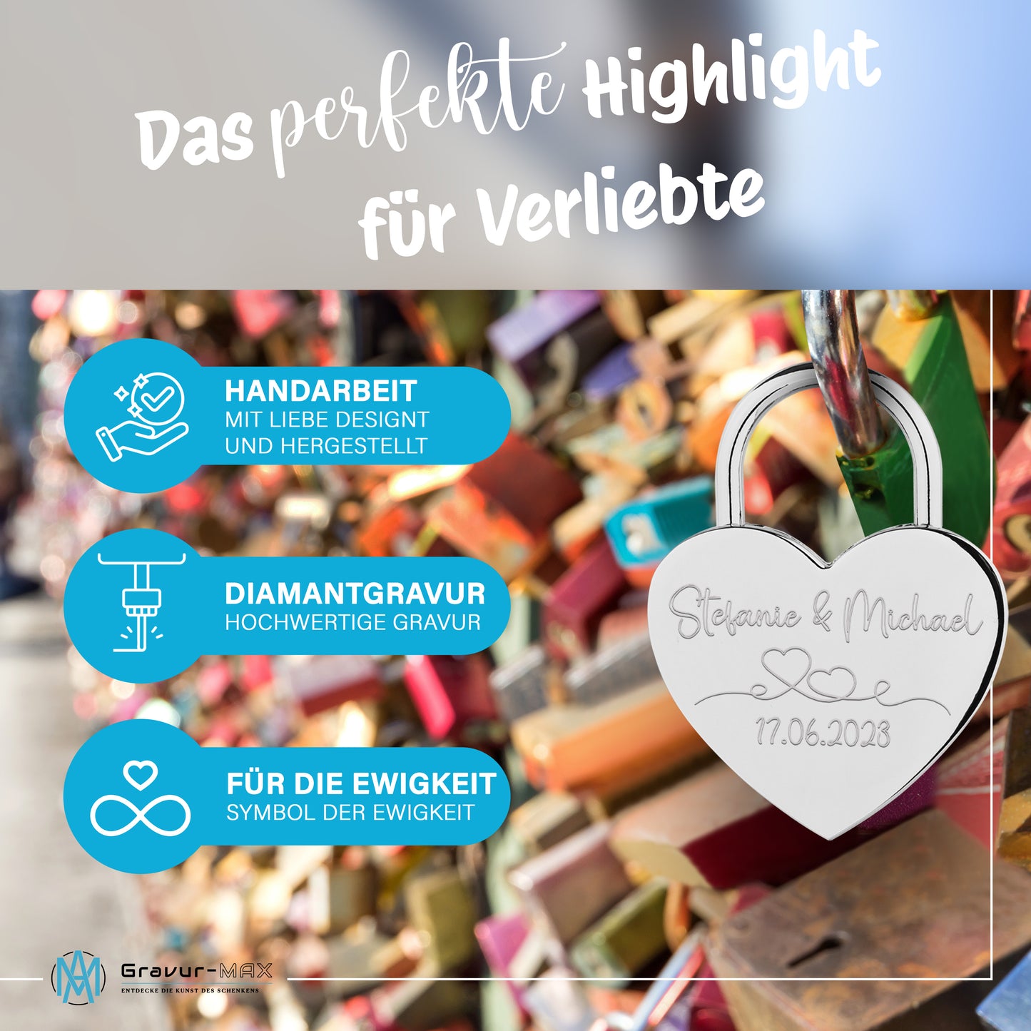 Herzschloss in Silber mit Gravur "Unendlich in LOVE" Liebesschloss personalisiert mit Wunschnamen in 4 ver. Farben