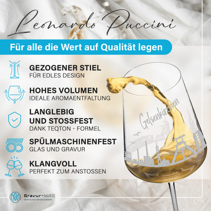 Weinglas mit Gravur Leonardo Puccini "SKYLINE GELSENKIRCHEN" optional mit Wunschname