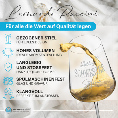 Weinglas mit Gravur Leonardo Puccini "LIEBLINGS SCHWESTER" mit Wunschname