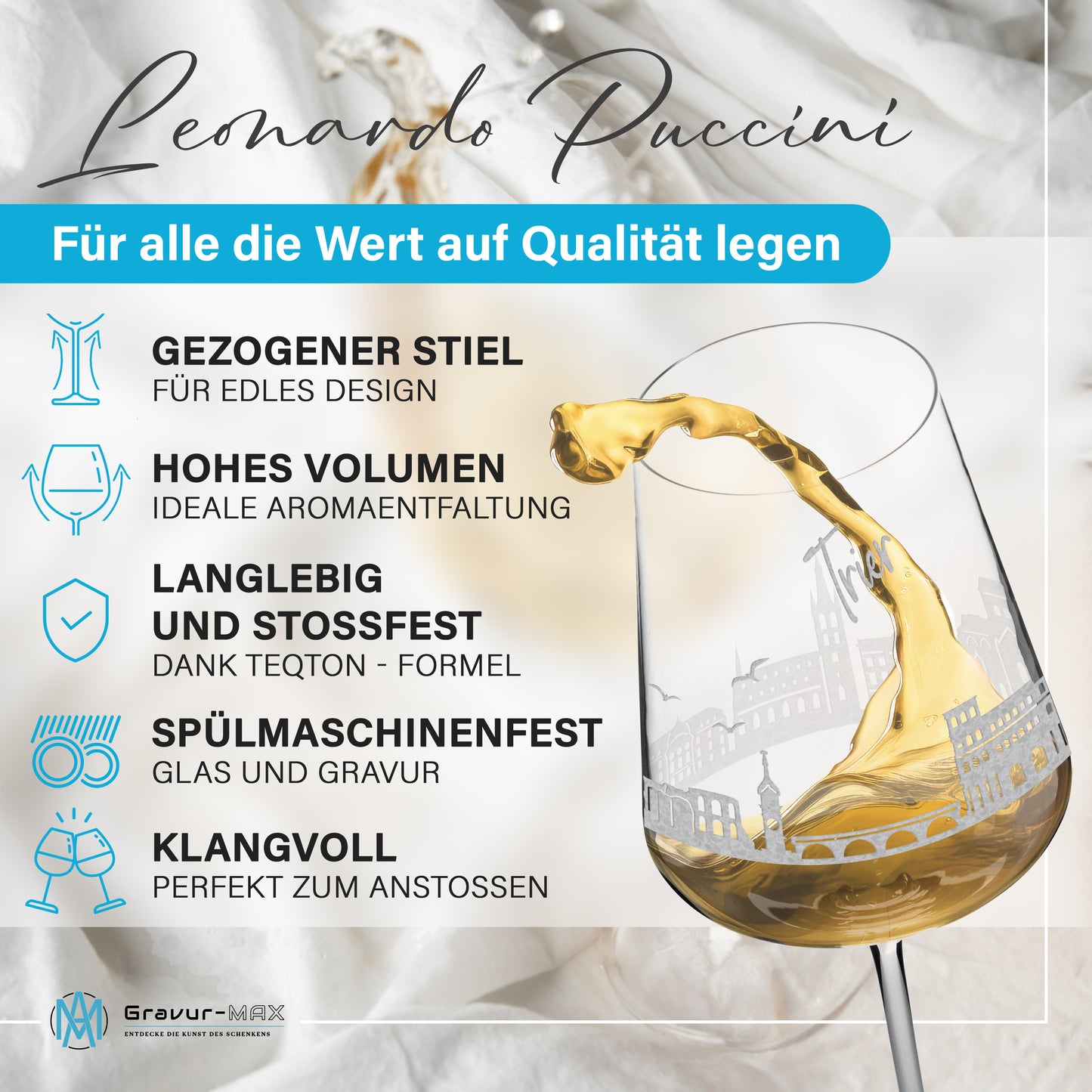 Weinglas mit Gravur Leonardo Puccini "SKYLINE TRIER" optional mit Wunschname