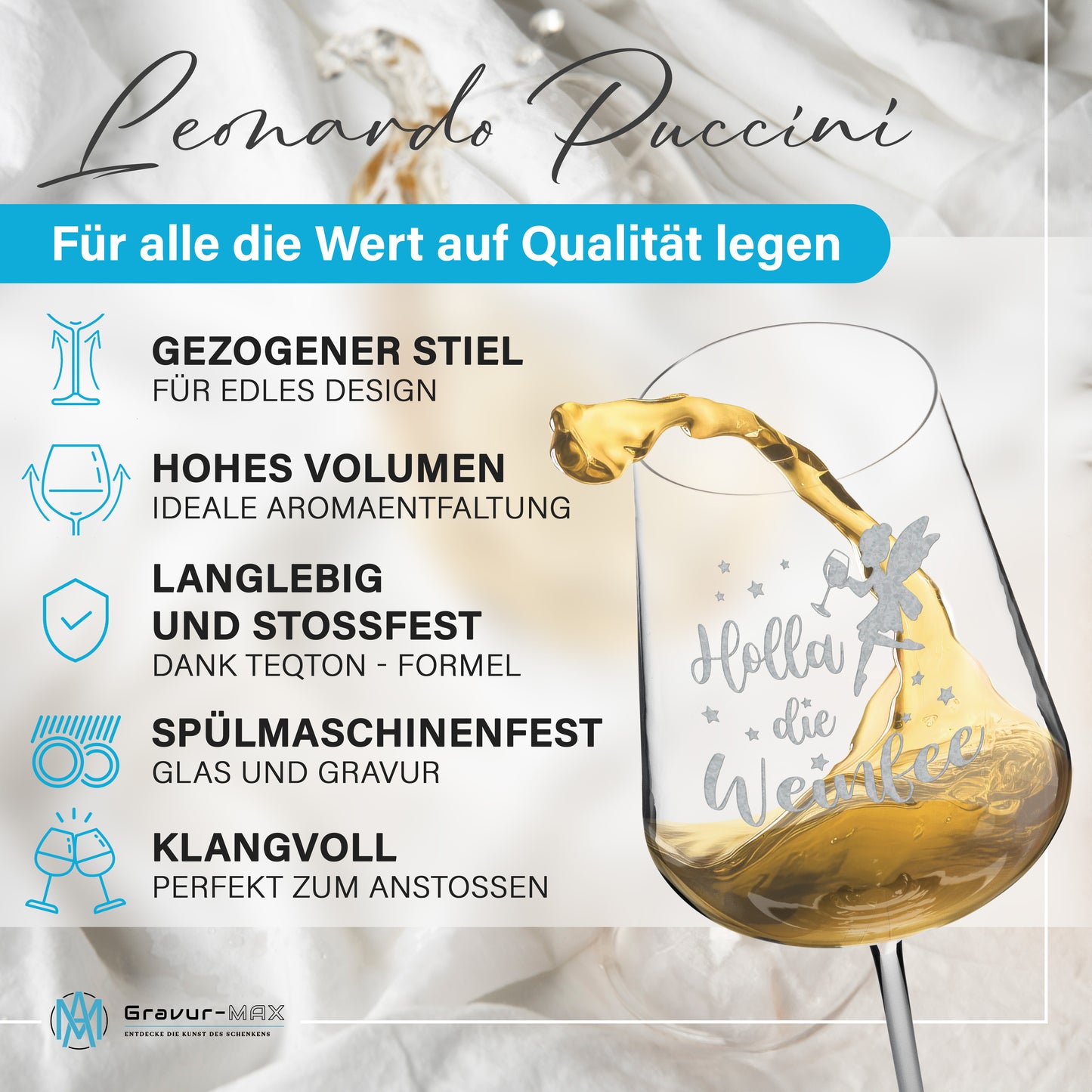 Weinglas mit Gravur Leonardo Puccini "HOLLA DIE WEINFEE" 2 Gläser