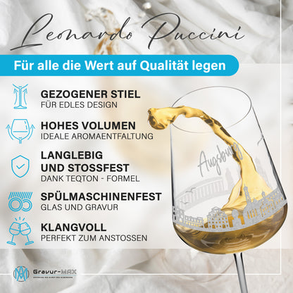 Weinglas mit Gravur Leonardo Puccini "SKYLINE AUGSBURG" optional mit Wunschname