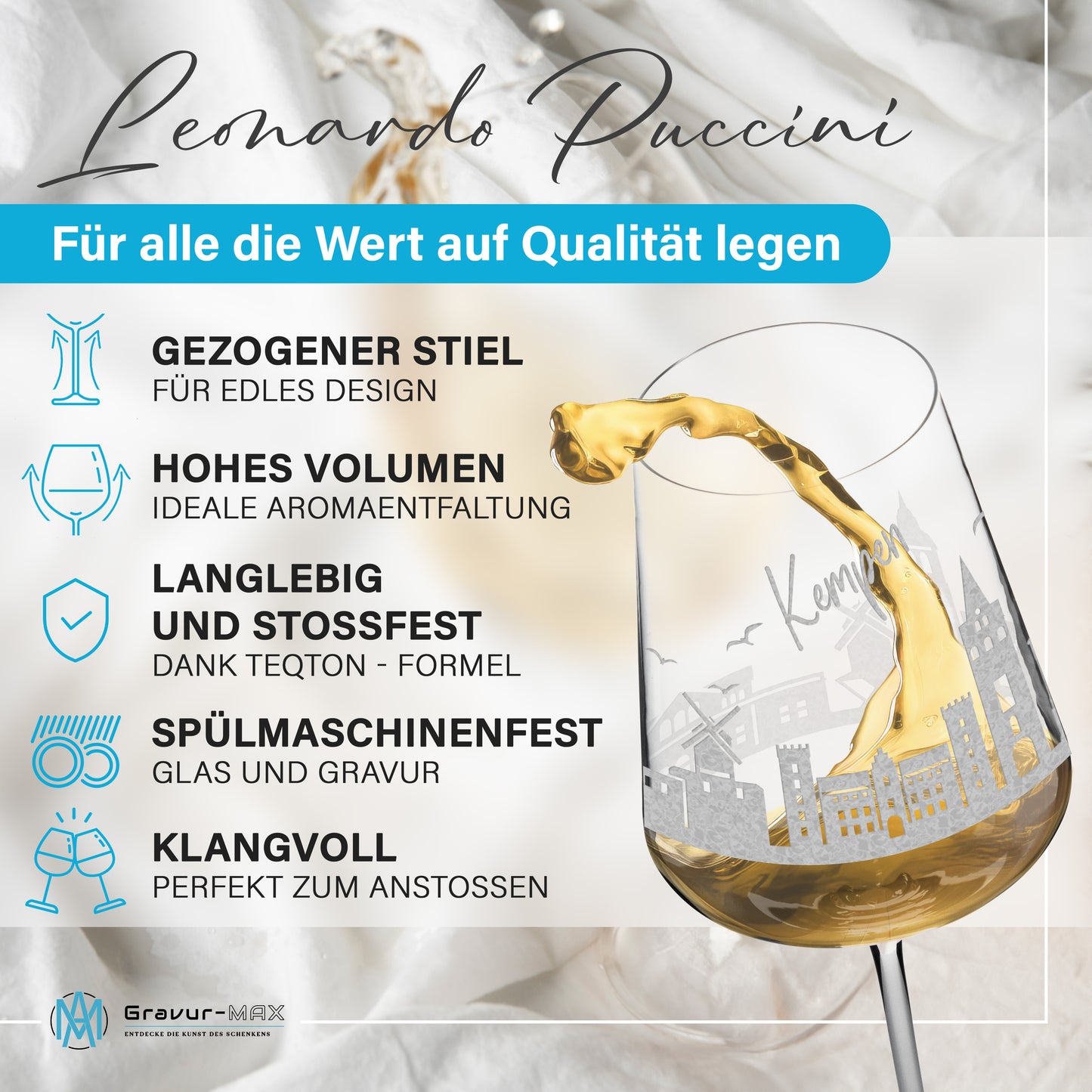 Weinglas mit Gravur Leonardo Puccini "SKYLINE KEMPEN" optional mit Wunschname