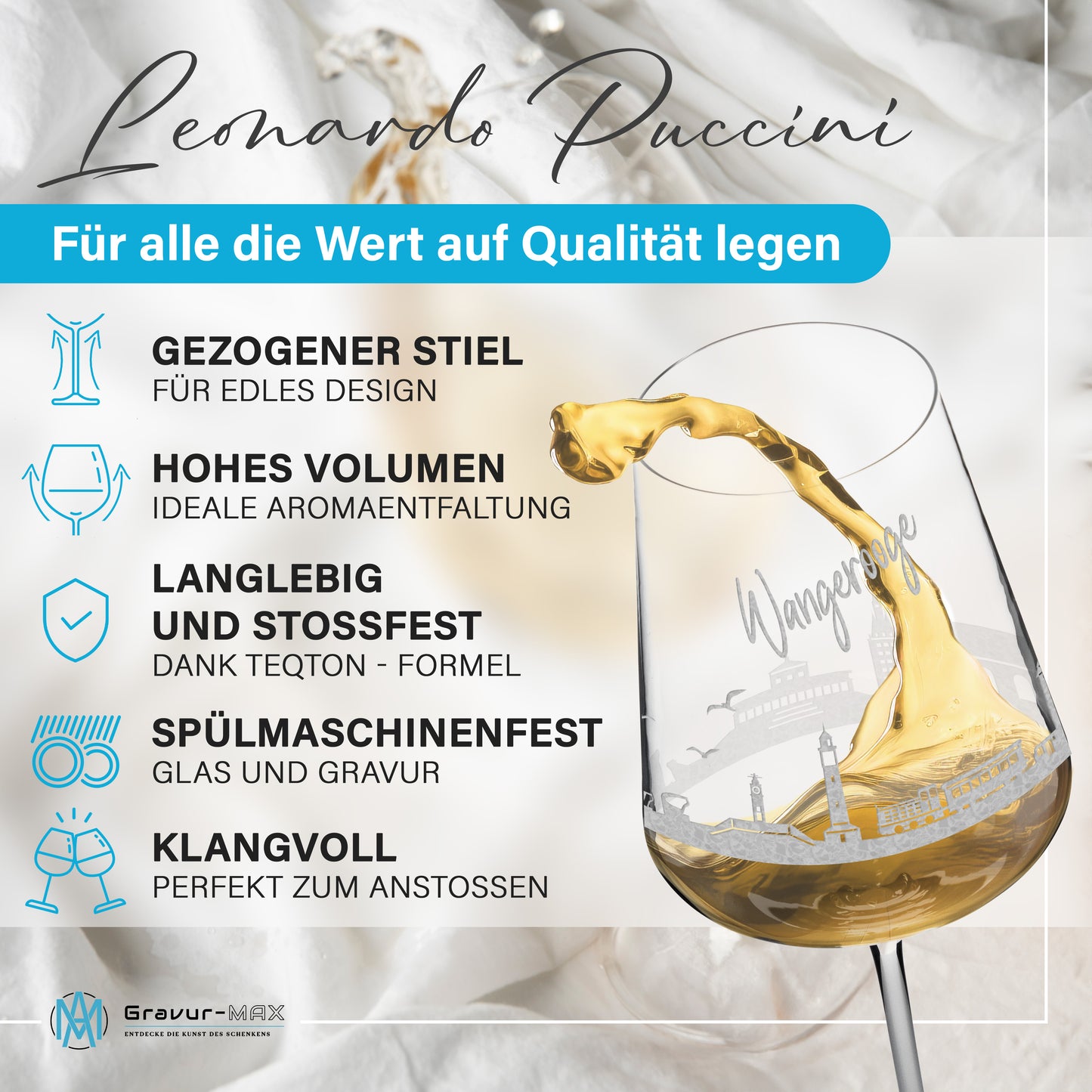Weinglas mit Gravur Leonardo Puccini "SKYLINE WANGEROOGE" 2 Gläser optional mit Wunschname