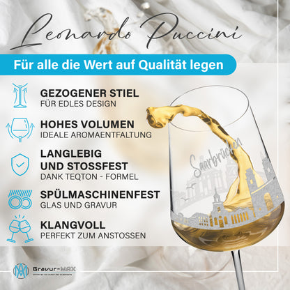 Weinglas mit Gravur Leonardo Puccini "SKYLINE SAARBRÜCKEN" optional mit Wunschname