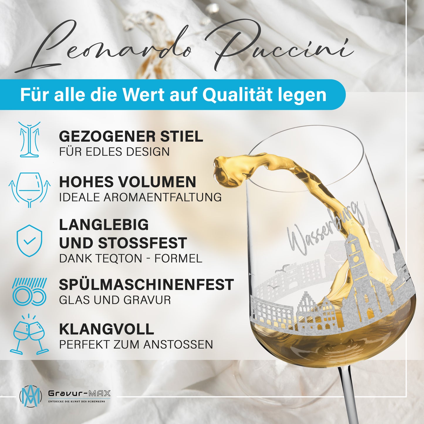 Weinglas mit Gravur Leonardo Puccini "SKYLINE WASSERBURG" 2 Gläser optional mit Wunschname