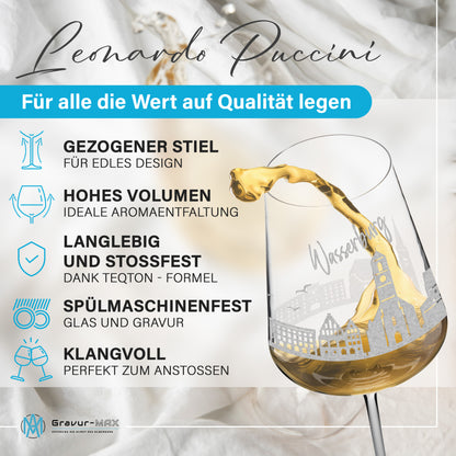 Weinglas mit Gravur Leonardo Puccini "SKYLINE WASSERBURG" 2 Gläser optional mit Wunschname