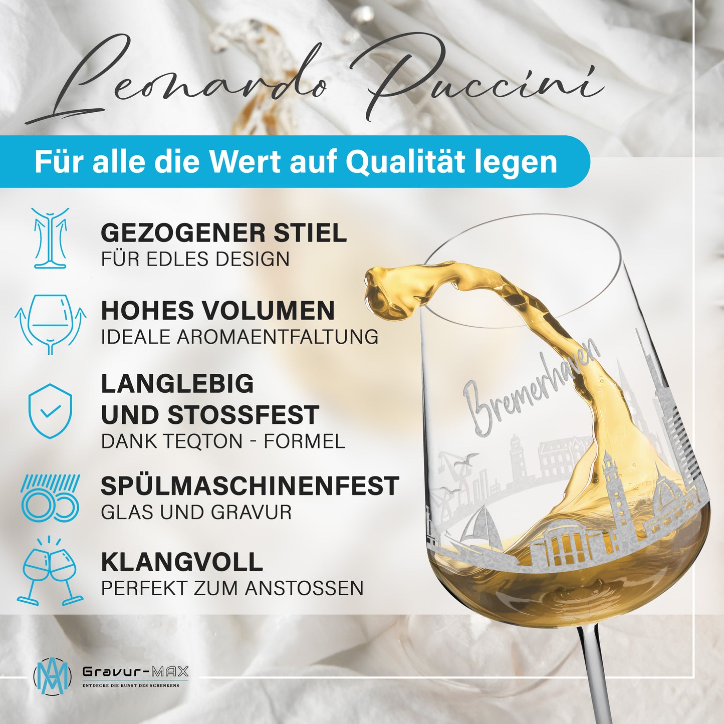 Weinglas mit Gravur Leonardo Puccini "SKYLINE BREMERHAVEN" optional mit Wunschname
