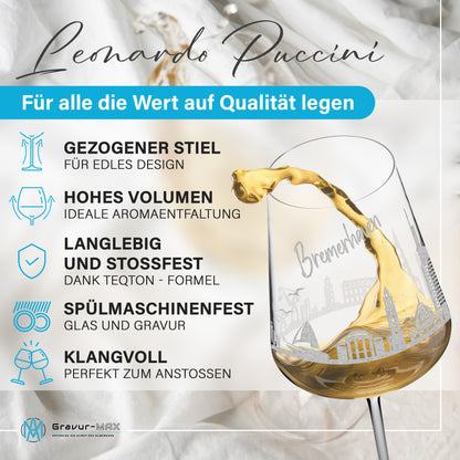 Weinglas mit Gravur Leonardo Puccini "SKYLINE BREMERHAVEN" optional mit Wunschname