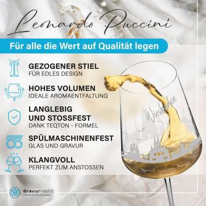 Weinglas mit Gravur Leonardo Puccini "SKYLINE WIESBADEN" optional mit Wunschname