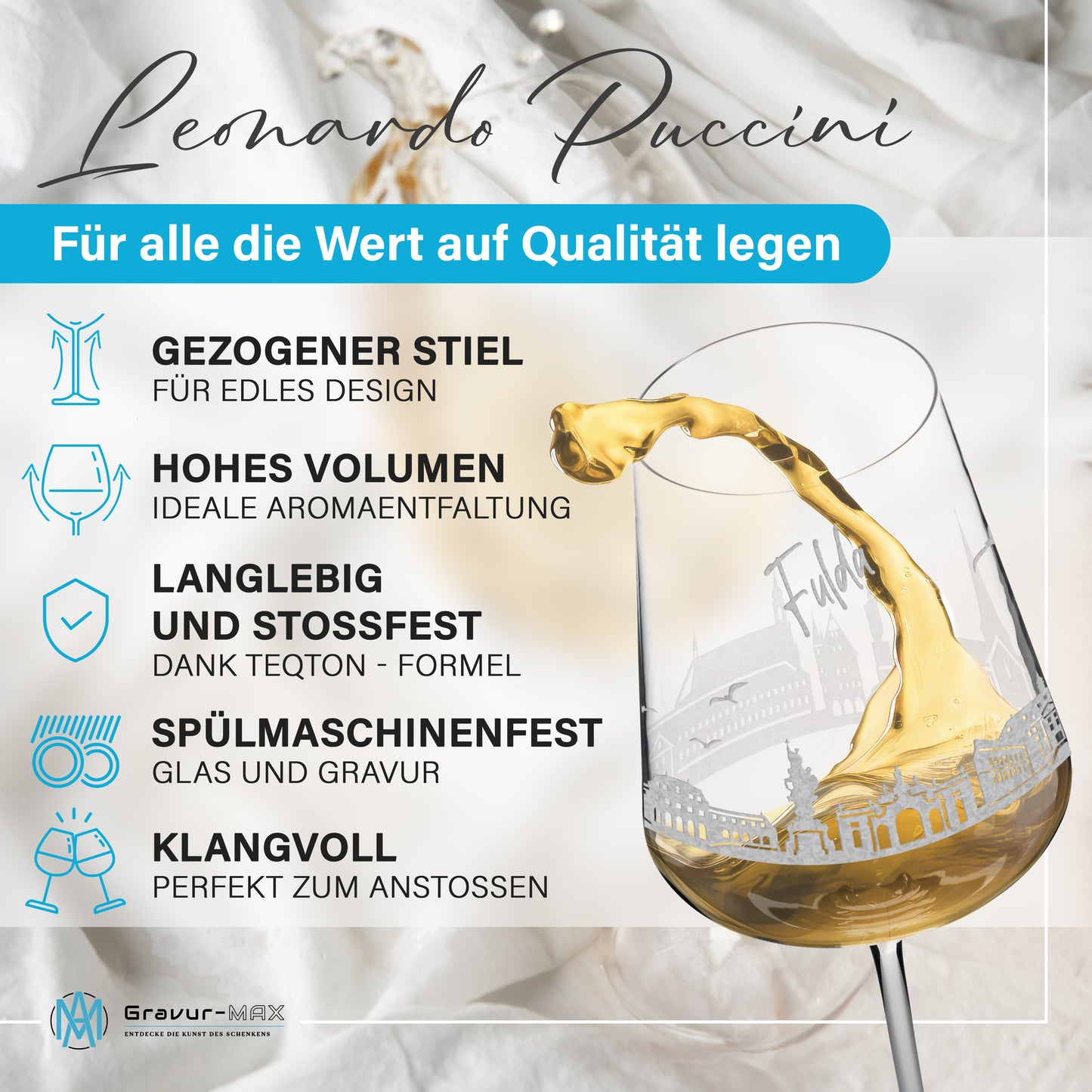 Weinglas mit Gravur Leonardo Puccini "SKYLINE FULDA" optional mit Wunschname