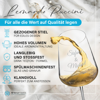 Weinglas mit Gravur Leonardo Puccini "LIEBESGLAS" 2 Gläser mit Wunschname & Datum