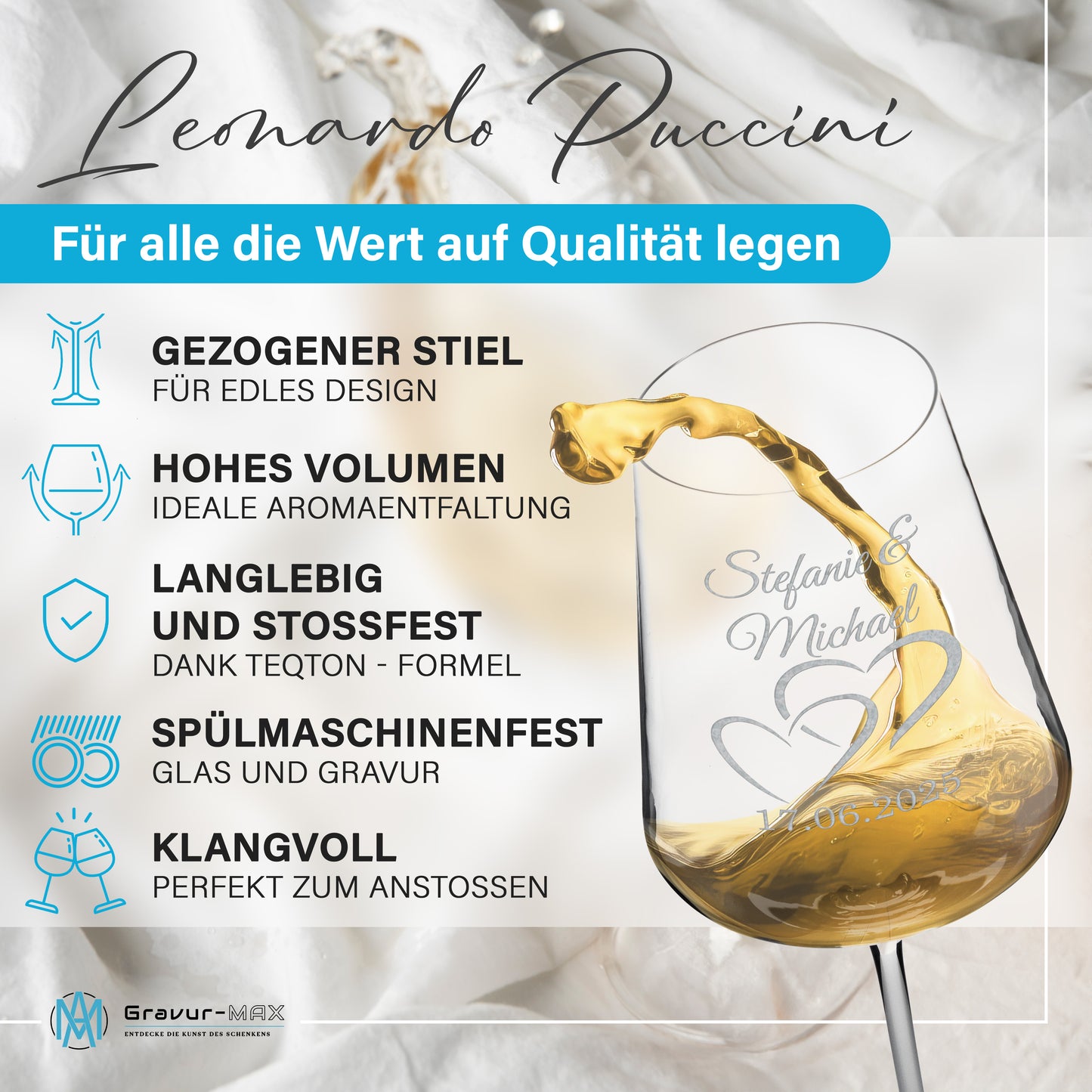 Weinglas mit Gravur Leonardo Puccini "LIEBES GLAS HERZ1" 2 Gläser und Holzbox groß mit Wunschname & Datum