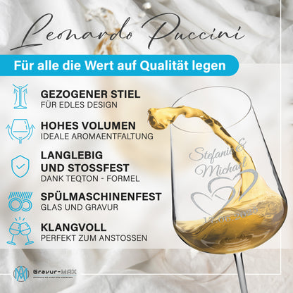 Weinglas mit Gravur Leonardo Puccini "LIEBES GLAS HERZ1" 2 Gläser und Holzbox groß mit Wunschname & Datum