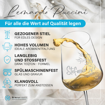 Weinglas mit Gravur Leonardo Puccini "BLÄTTERRANKE" 2 Gläser mit Wunschname