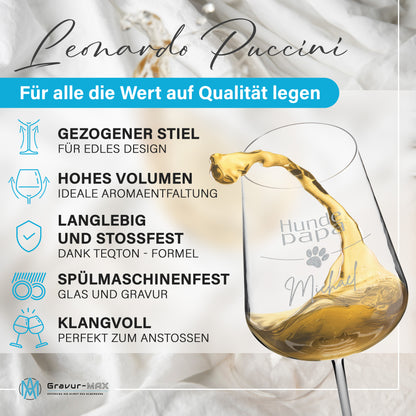 Weinglas mit Gravur Leonardo Puccini "HUNDE PAPA MIT PFOTE" 2 Gläser mit Wunschname