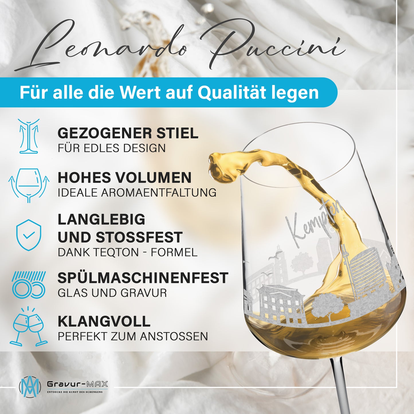 Weinglas mit Gravur Leonardo Puccini "SKYLINE KEMPTEN" optional mit Wunschname