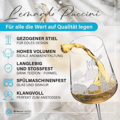 Weinglas mit Gravur Leonardo Puccini "SKYLINE METTMANN" 2 Gläser optional mit Wunschname