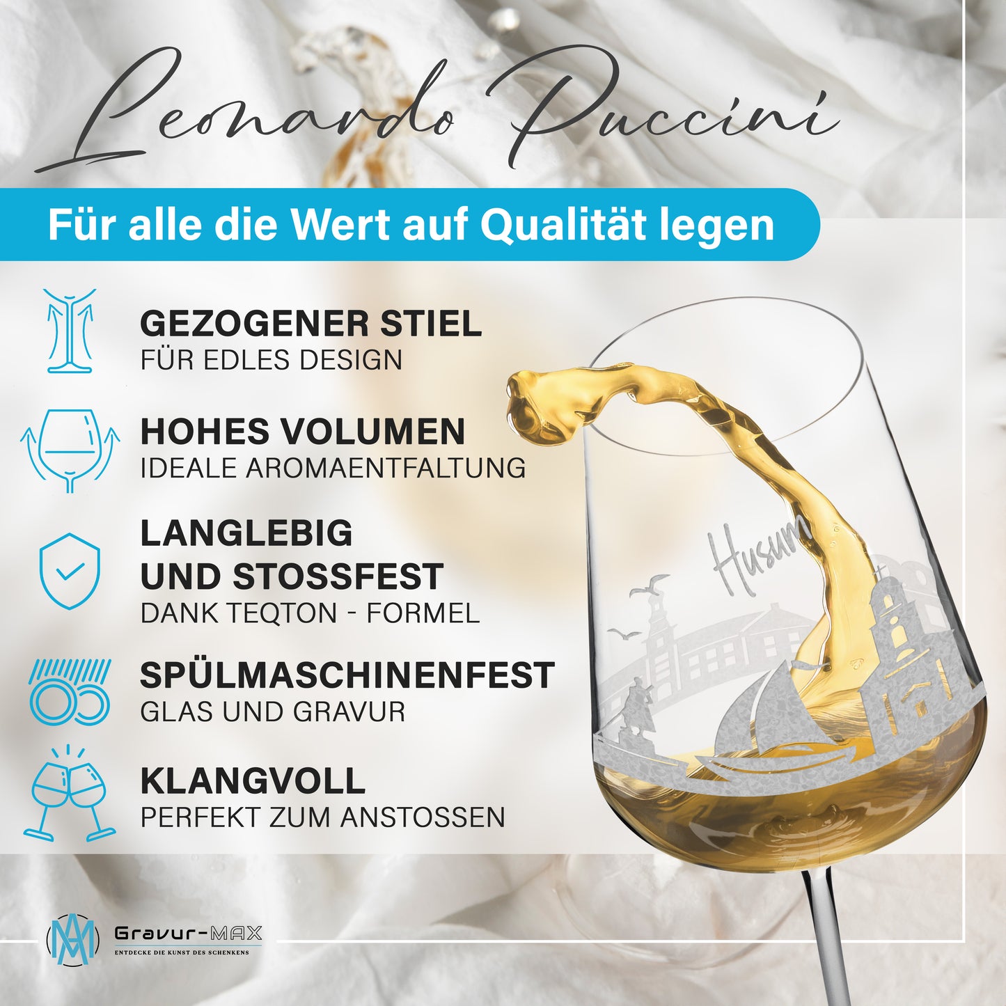 Weinglas mit Gravur Leonardo Puccini "SKYLINE HUSUM" 2 Gläser optional mit Wunschname