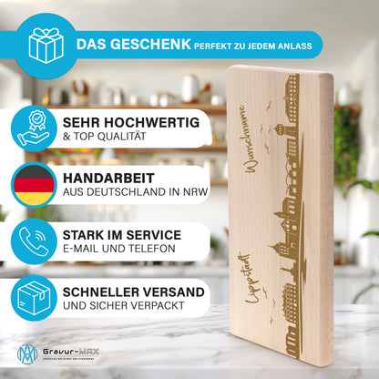 Frühstücksbrettchen 220x120mm mit Gravur mit der Skyline von Lippstadt personalisierbar mit Wunschname