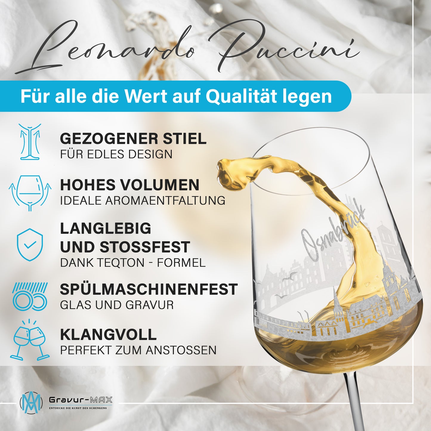 Weinglas mit Gravur Leonardo Puccini "SKYLINE OSNABRÜCK" 2 Gläser optional mit Wunschname