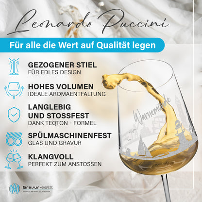 Weinglas mit Gravur Leonardo Puccini "SKYLINE WARNEMÜNDE" 2 Gläser optional mit Wunschname