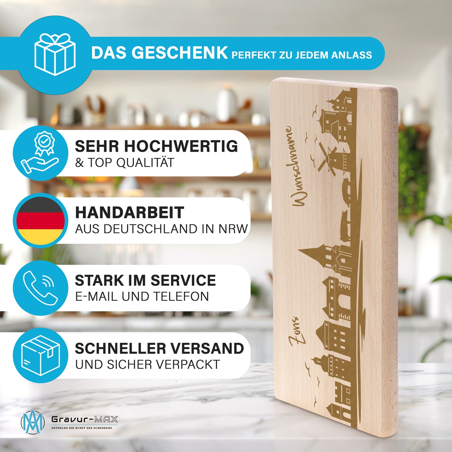 Frühstücksbrettchen 220x120mm mit Gravur mit der Skyline von Zons (Dormagen) personalisierbar mit Wunschname