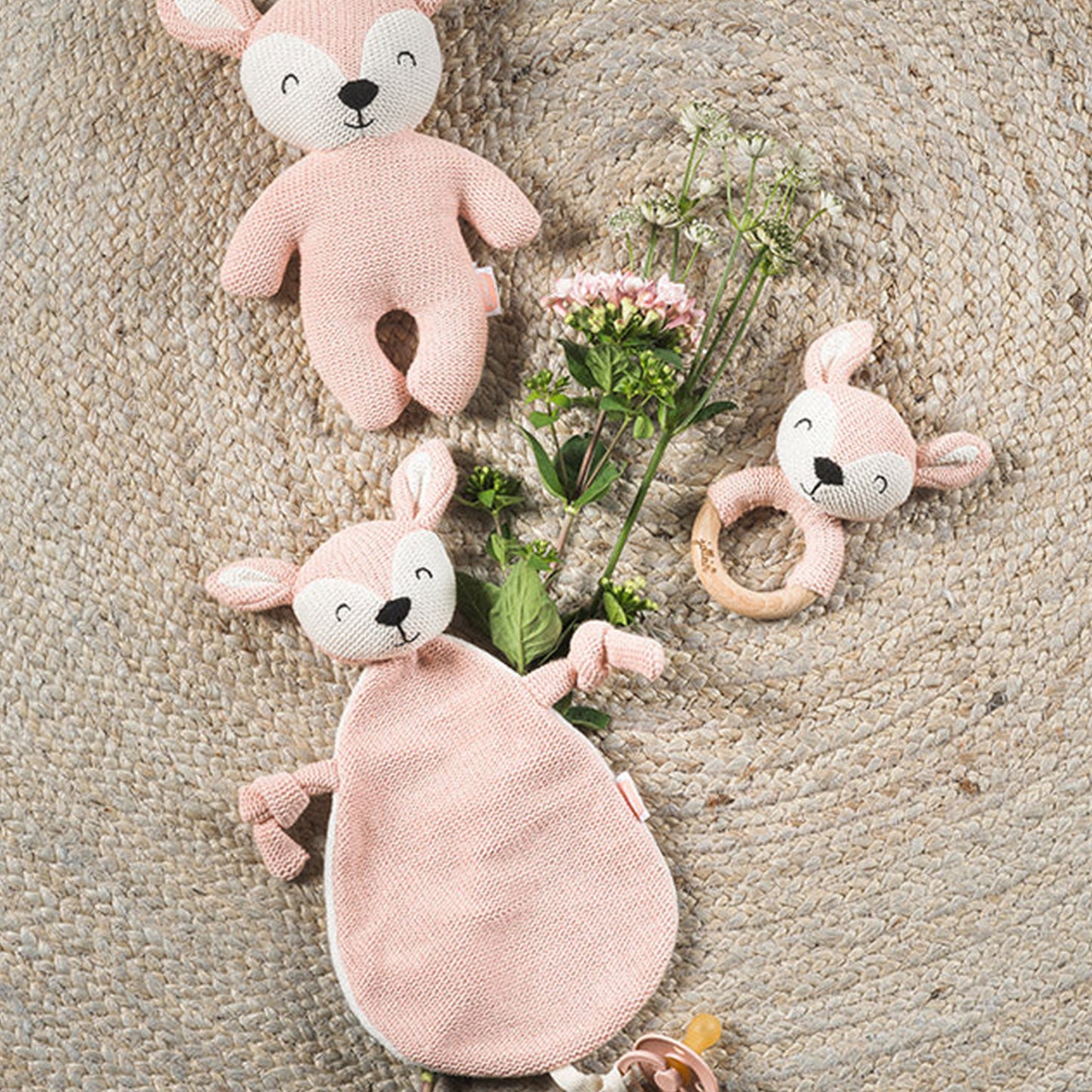 Jollein Schmusetuch Hirsch Rosa mit Schnullerschlaufe – Kuscheltuch für Babys