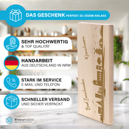 Frühstücksbrettchen 220x120mm mit Gravur mit der Skyline von Bad Zwischenahn personalisierbar mit Wunschname