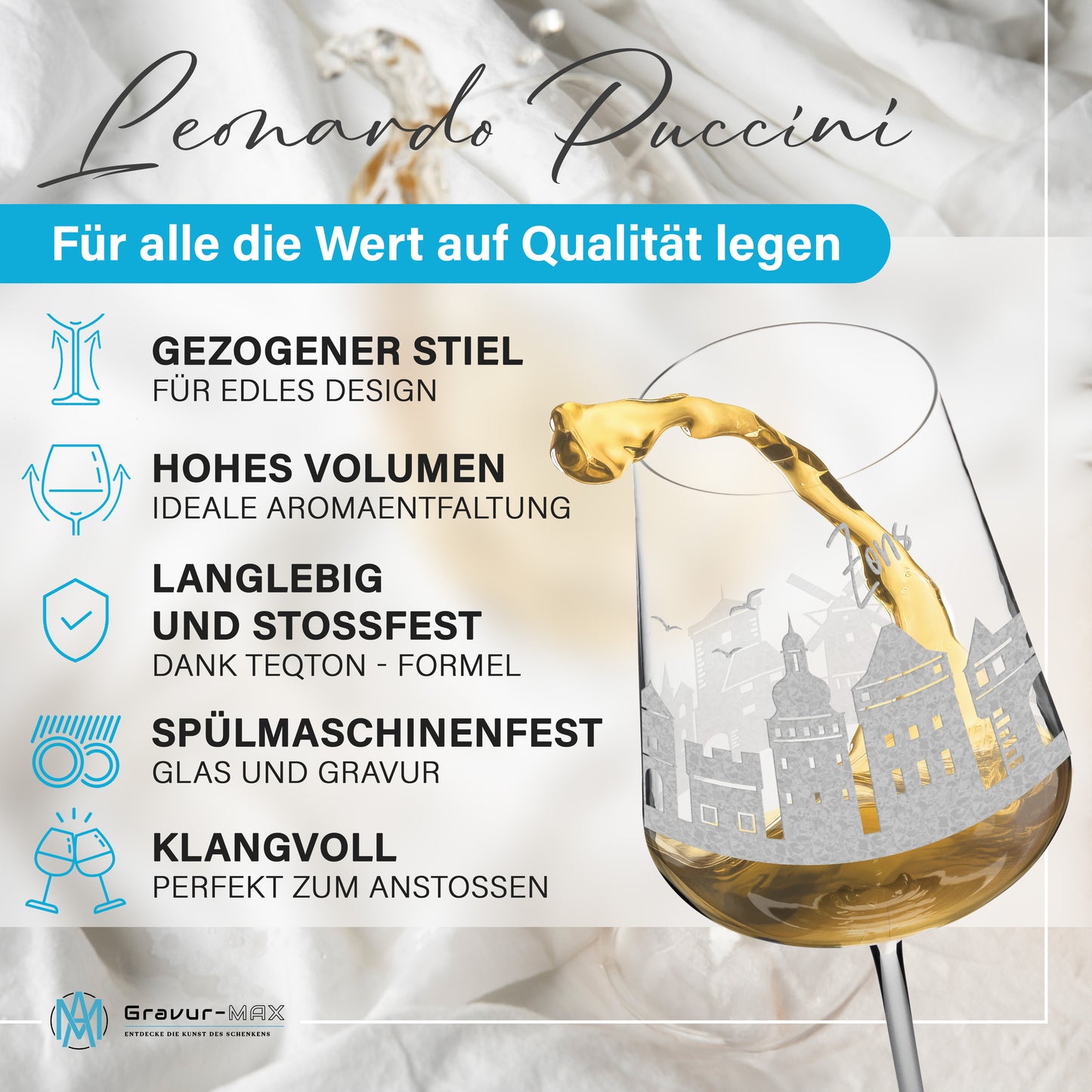 Weinglas mit Gravur Leonardo Puccini "SKYLINE DORMAGEN ZONS" 2 Gläser optional mit Wunschname