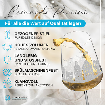 Weinglas mit Gravur Leonardo Puccini "SKYLINE DORMAGEN ZONS" 2 Gläser optional mit Wunschname