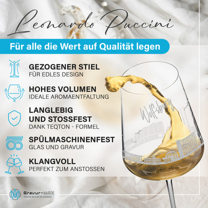 Weinglas mit Gravur Leonardo Puccini "SKYLINE WOLFSBURG" optional mit Wunschname