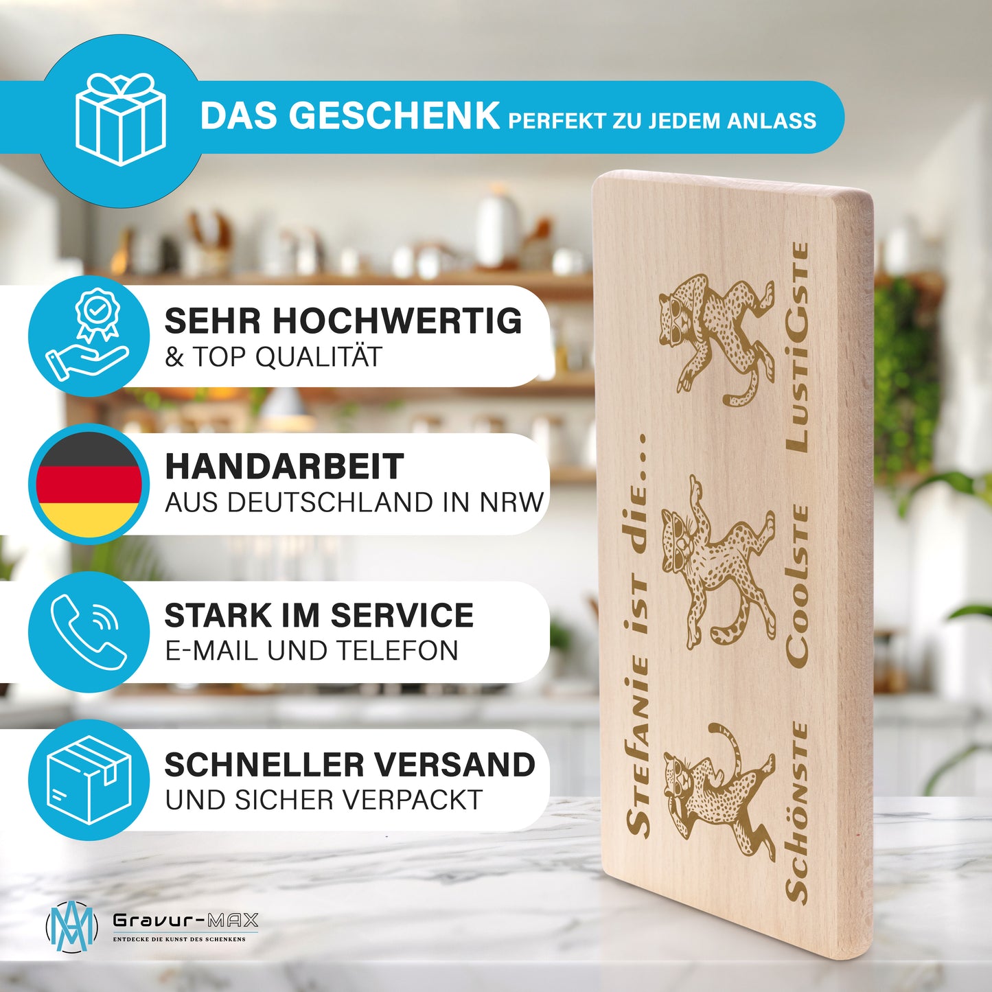 Frühstücksbrettchen mit Gravur Leopard "… ist die SCHÖNSTE COOLSTE LUSTIGSTE" mit Wunschname