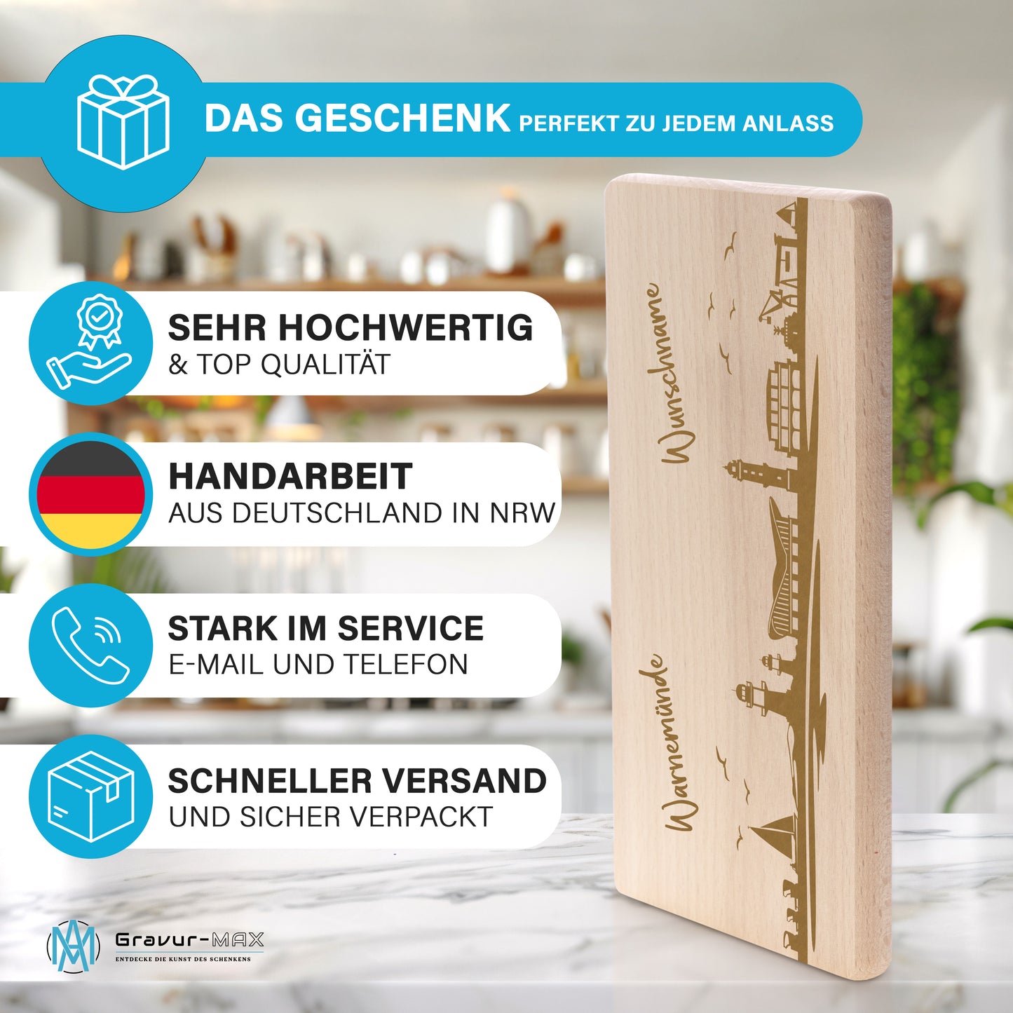 Frühstücksbrettchen 220x120mm mit Gravur mit der Skyline von Warnemünde personalisierbar mit Wunschname
