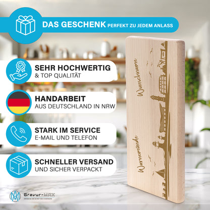 Frühstücksbrettchen 220x120mm mit Gravur mit der Skyline von Warnemünde personalisierbar mit Wunschname