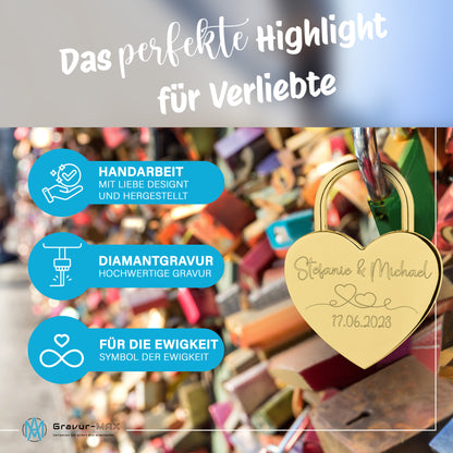 Herzschloss in Gold mit Gravur "Brautpaar" Liebesschloss personalisiert mit Wunschnamen in 4 ver. Farben