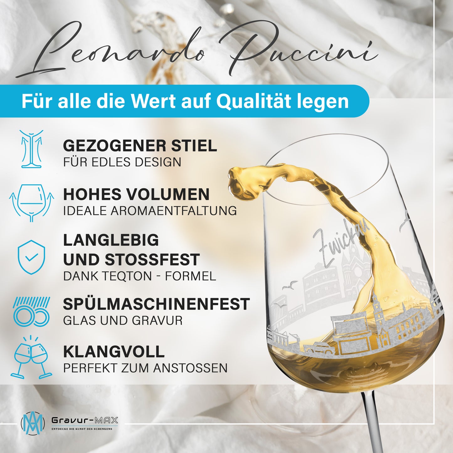 Weinglas mit Gravur Leonardo Puccini "SKYLINE ZWICKAU" 2 Gläser optional mit Wunschname