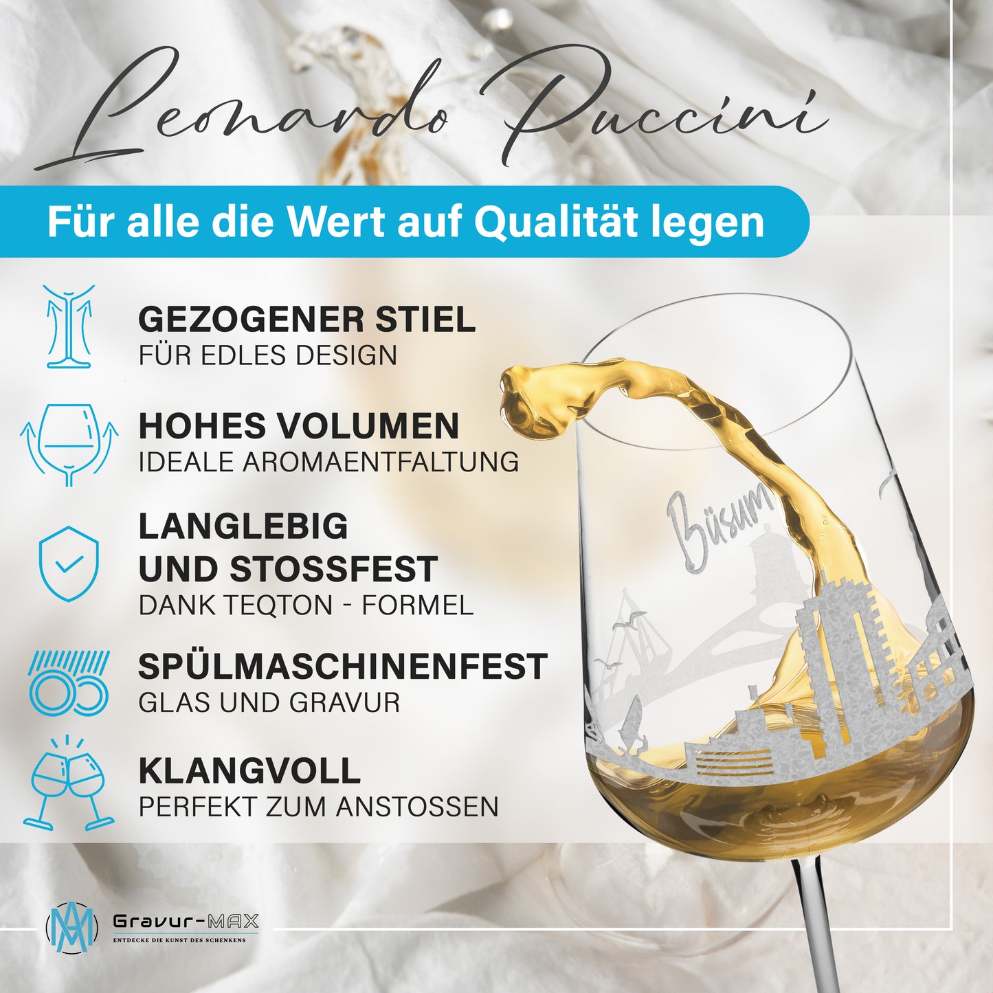 Weinglas mit Gravur Leonardo Puccini "SKYLINE BÜSUM" optional mit Wunschname