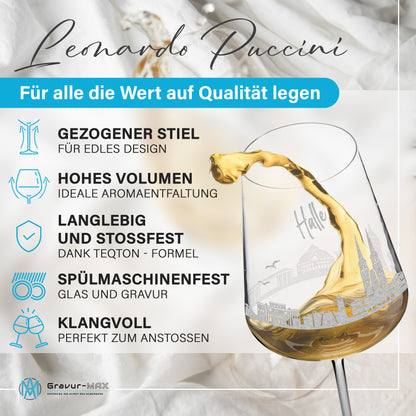 Weinglas mit Gravur Leonardo Puccini "SKYLINE HALLE" optional mit Wunschname