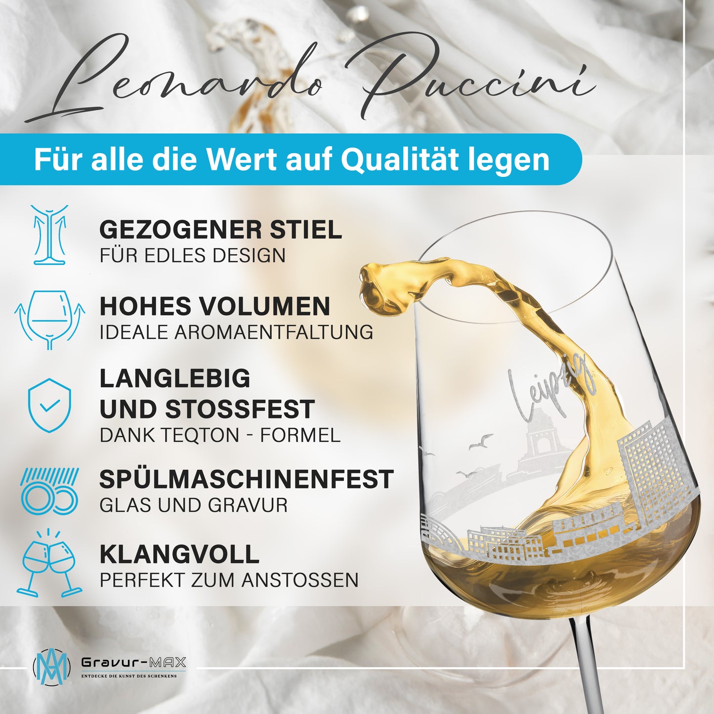 Weinglas mit Gravur Leonardo Puccini "SKYLINE LEIPZIG" optional mit Wunschname