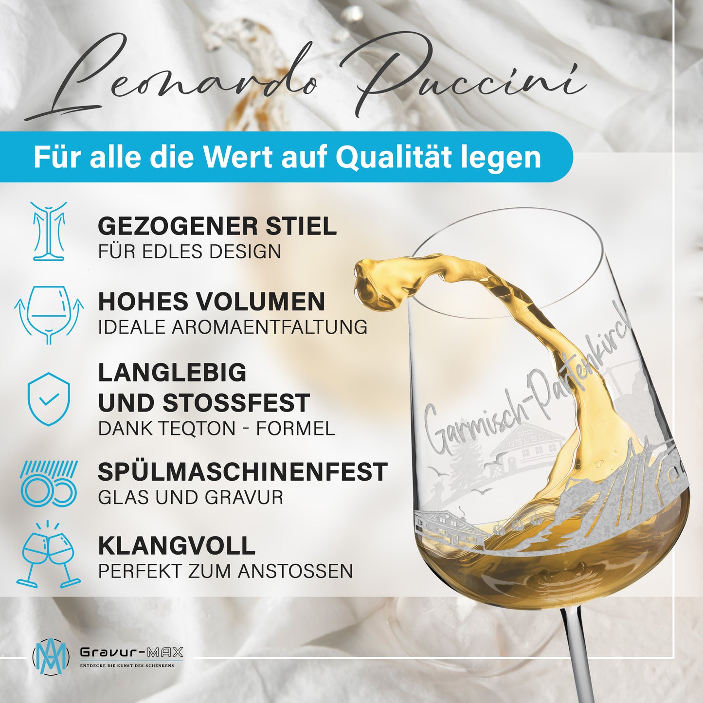 Weinglas mit Gravur Leonardo Puccini "SKYLINE GARMISCH-PARTENKIRCHEN" optional mit Wunschname