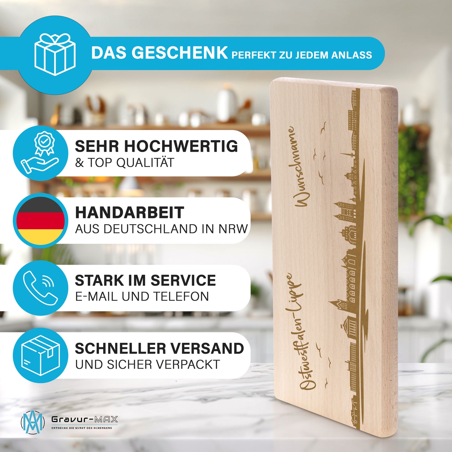 Frühstücksbrettchen 220x120mm mit Gravur mit der Skyline von Ostwestfalen-Lippe personalisierbar mit Wunschname