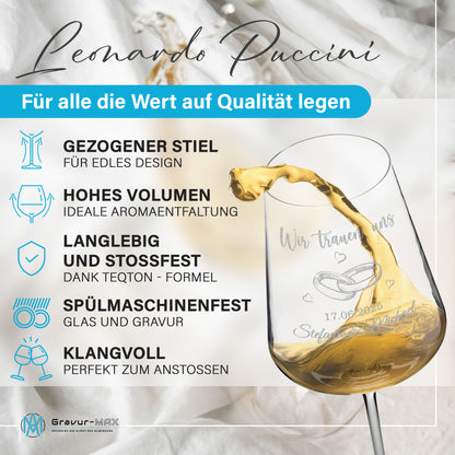 Weinglas mit Gravur Leonardo Puccini "WIR TRAUEN UNS" Motiv Ringe 2 Gläser und Holzbox groß mit Wunschname & Datum