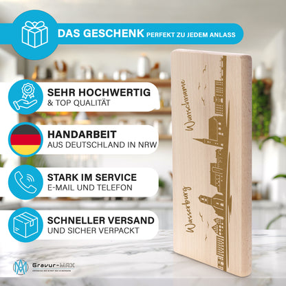 Frühstücksbrettchen 220x120mm mit Gravur mit der Skyline von Wasserburg personalisierbar mit Wunschname
