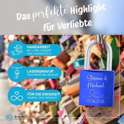Liebesschloss in Blau mit Gravur "Herzranke" personalisiert mit Wunschnamen in 6 ver. Farben
