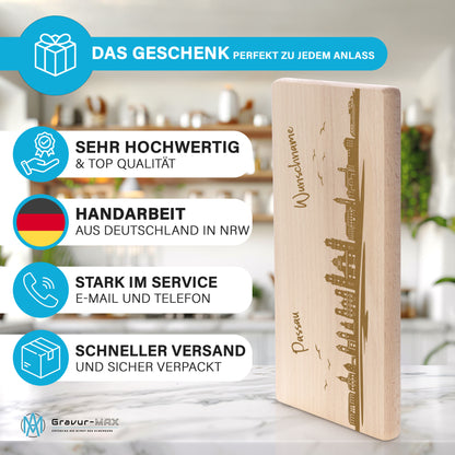 Frühstücksbrettchen 220x120mm mit Gravur mit der Skyline von Passau personalisierbar mit Wunschname