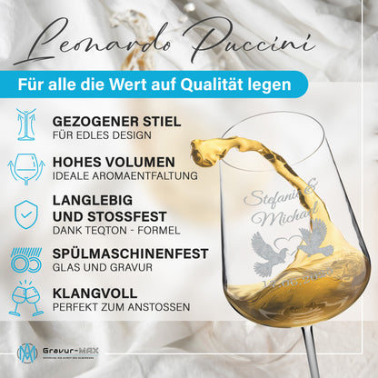 Weinglas mit Gravur Leonardo Puccini "LIEBESGLAS TAUBE" 2 Gläser und Holzbox groß mit Wunschname & Datum