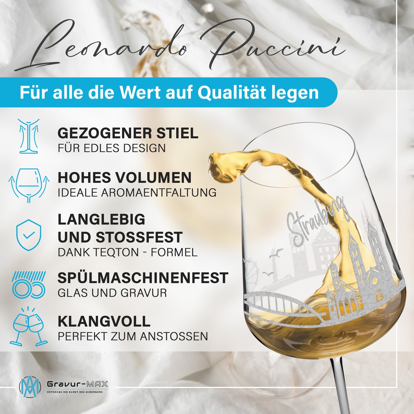 Weinglas mit Gravur Leonardo Puccini "SKYLINE STRAUBING" 2 Gläser optional mit Wunschname