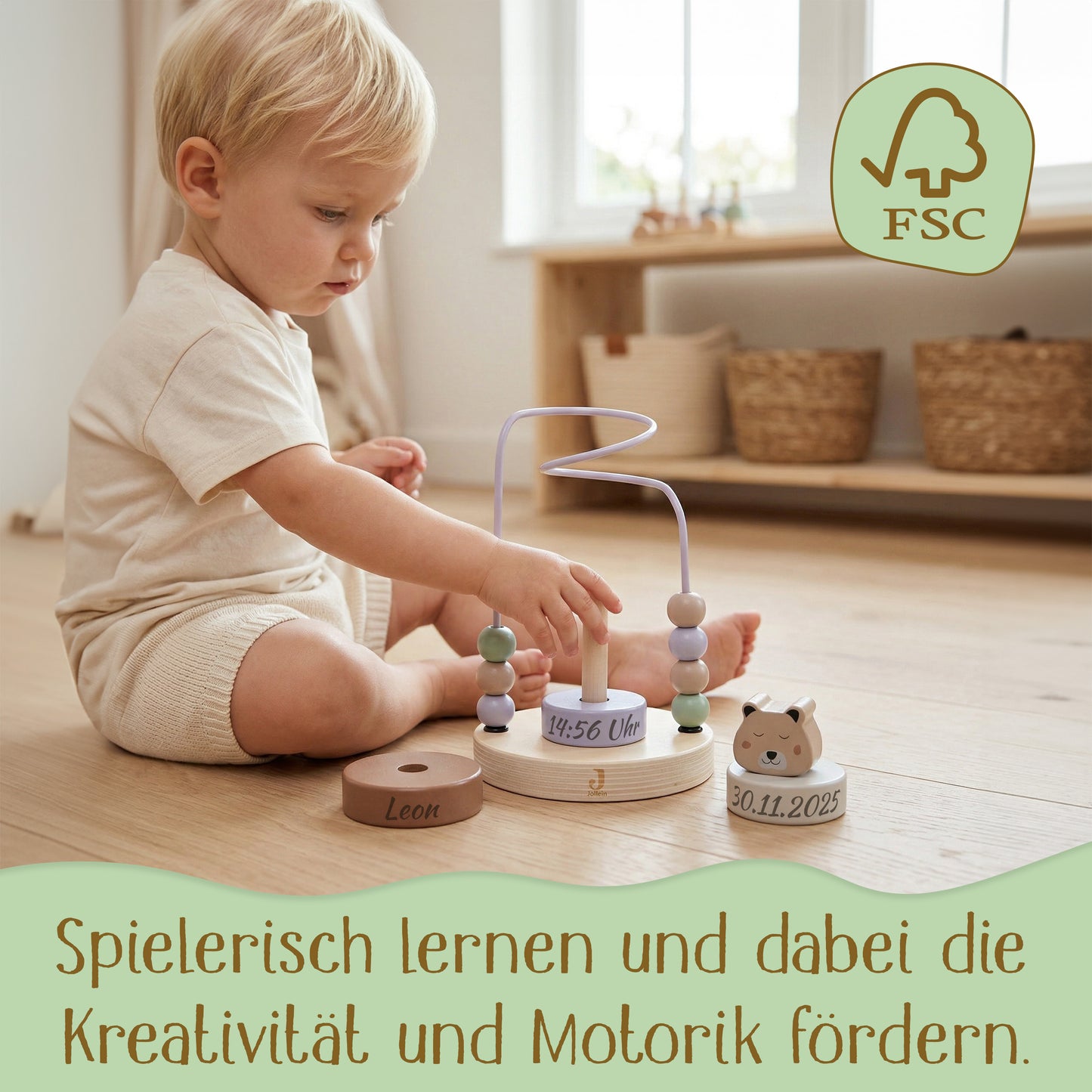 Jollein Aktivitätsspirale Gepard personalisierbar mit Name & Datum aus FSC-Holz - Motorikspielzeug - Babygeschenk zur Geburt oder Taufe