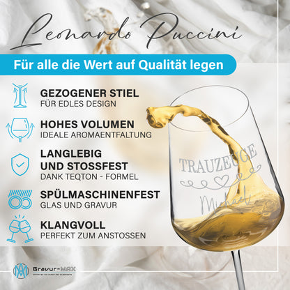 Weinglas mit Gravur Leonardo Puccini "DEINE WUNSCHNAMEN oder TEXT MIT HERZRANKE1" 2 Gläser mit Wunschname